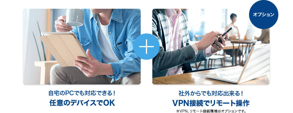「自宅のPCでも対応できる！任意のデバイスでOK」＋「社外からでも対応出来る！VPN接続でリモート操作」※VPN、リモート接続環境はオプションです。